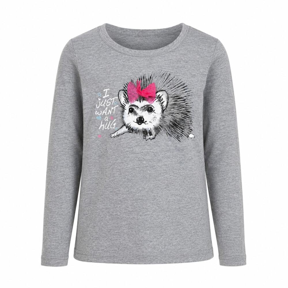 Faded Glory Girls Hedgehog Graphic Long Sleeve Gray Shirt XS 4 5 Cute